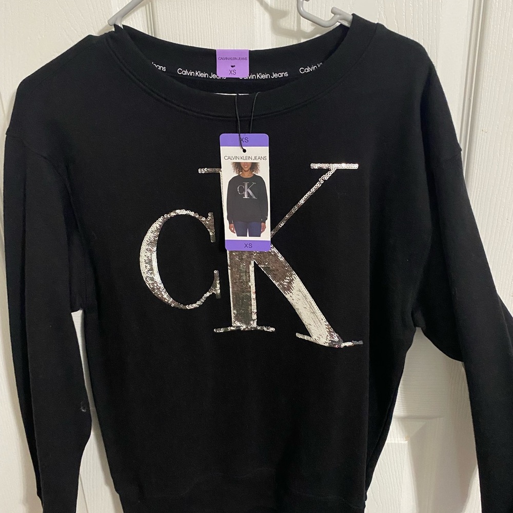 NWT! Calvin Klein Jeans Black Crew Neck Sweater with Metallic Logo